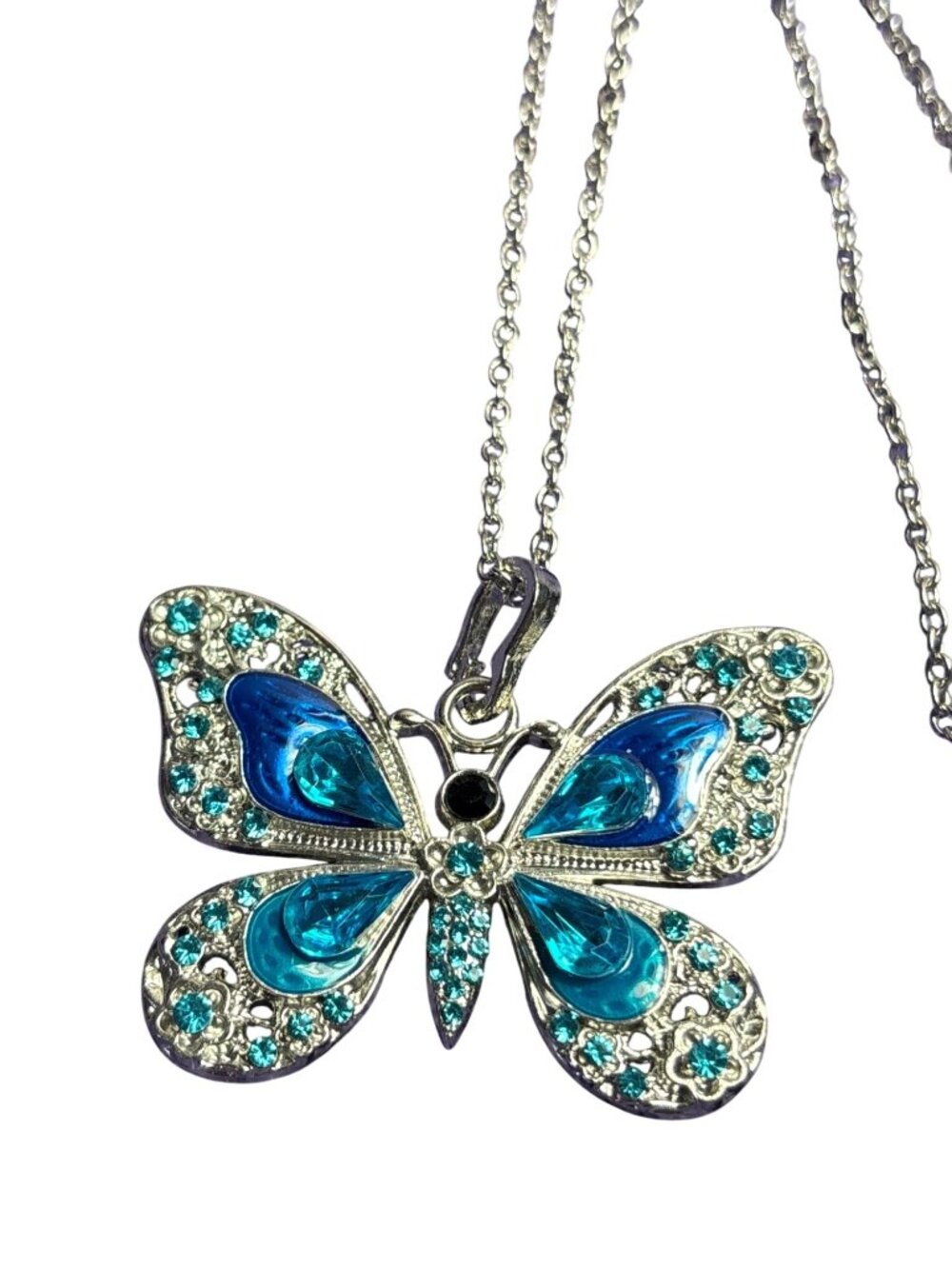 Blue Rhinestone Enamel Silvertone Butterfly Pendant Necklace Black Rhinestone